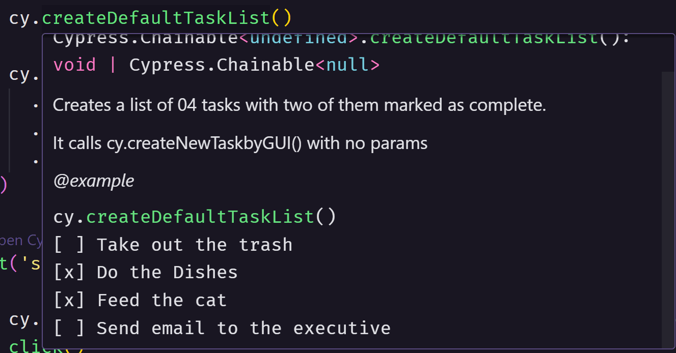 Imagem de Documentação do comando customizável cy.createNewTaskbyGUI() no IntelliSense